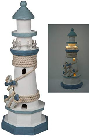 CBK-MS Leuchtturm blau/weiss mit Tau + Anker und LED Beleuchtung 8 LEDs Batteriebetrieb maritime Deko 30 cm Dekoration für Bad, Tisch oder Fenster