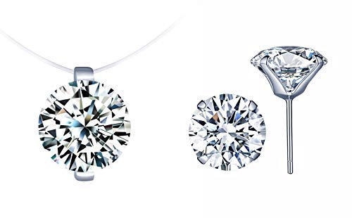 Yumilok Damen-Ohrstecker Halskette Kette Nylonkette Kabelkette mit Zirkonia Anhänger Solitär Ohrringe Creolen Schmucksets Set Geschenk für Frauen Mädchen Silber