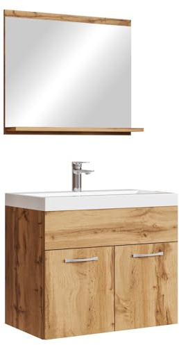 Badplaats Badmöbel Komplettset Montreal 02 60 x 35 cm Eiche - Badezimmermöbel mit Waschbecken und Spiegel