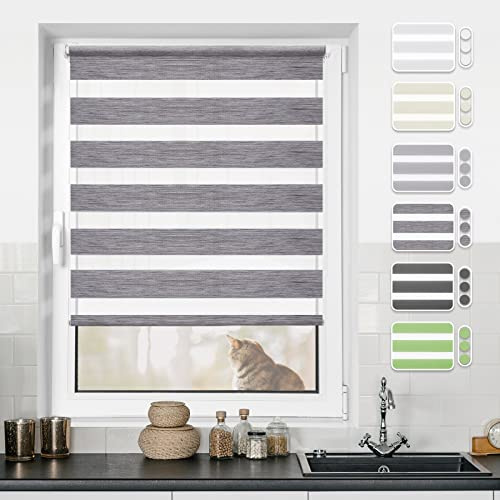 Doppelrollo Klemmfix ohne Bohren Rollos für Fenster ohne Bohren mit Bohren Leinen-Grau B60 x H120cm -Stoffbreite 56cm Rollo Fensterrollo Klemmrollos Fensterrollo innen