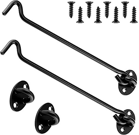 2 Stück Sturmhaken,Kabinenhaken Edelstahl,Sturmhaken mit öSe,Edelstahl Fensterhaken,Windhaken,FensterläDen Holz,Scheunentor Gartentor Riegel mit 8 Stück Montage Schrauben (Schwarz,8 Zoll)