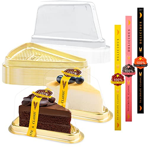 50 Pack Cake Slice Containers, Clear Plastic Cake Containers Disposable Cheesecake Containers Individual Cake Pie Slice Boxes with Lids for Small Pies Snack Dessert - Bonus 50 Pcs Stickers (Gold)
