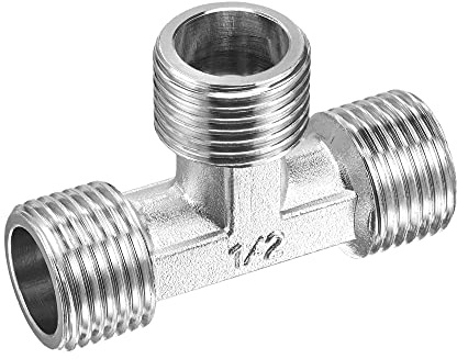 sourcing map Pipe Fitting Tee G1/2 Male Thread 3 Way T Shape Hose Connector Adapter, Nickel-Plated Copper