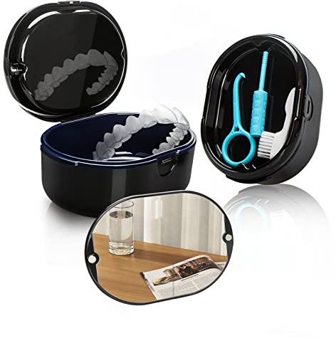 Prothesendose, Zahnprothesen Box mit Filter, Prothesen für die Aufbewahrung und zum Eintauchen Zahnersatz Reinigungsbäder, Zahnspangen Box Prothesendose Zahnspangendose Zahnersatz Dental Box (Schwarz)
