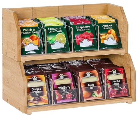 TIOPGHAD 2-Layer Stackable Bamboo Tea Bag Organizer Storage Holder & Rack - Wooden Tea Box Containers - Stand for Countertop or Cabinet