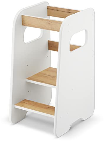 defiPad Lernturm ab 1 Jahr - 3 Stufen Höhenverstellbar, Sicher & Stabil - Learning Tower mit Kippschutz - Lernturm Montessori für Kinder - Hergestellt in der EU Weiße - Weiß & Eiche