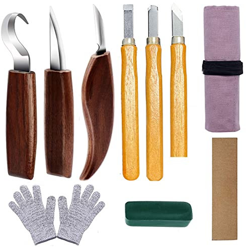 10Pcs Couteau Sculpture Bois, Outil de Sculpture sur Bois avec 6 Couteau à Bois Gants Pierres à Aiguiser Bande de Polissage Cire à l'huile Sac Outils de Gravure en Bois pour Travail du Bois (Type 1)