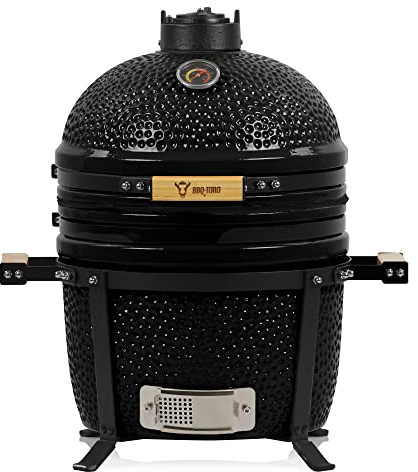 BBQ-Toro Kamado Grill Holzkohlegrill Shiro Ø 39 cm | Schwarz | Mini Holzkohlegrill mit Thermometer & Holzgriffen | Keramikgrill rund | Ceramic Grill Ei, Smoker, BBQ Grillofen, Kamado BBQ