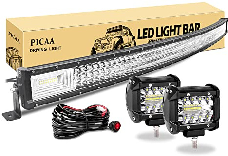 PICAA Gewolbt led Arbeitsscheinwerfer Bar,52 Zoll 130CM 675W 7D Lichtbalken | Lichtleiste,Drei Reihen,Zusatzscheinwerfer Bar,Mit 2PCS 4 Zoll 8D 60W Arbeitslicht, für SUV Offroad ATV UTV Traktor 4x4 Auto