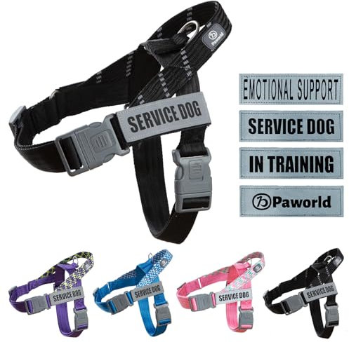 Paworld Hundegeschirr, Diensthundegeschirr, Norwegergeschirr Hund, Sicherheitsgeschirr mit 4 reflektierenden Aufnähern, Verstellbar, Griff, für Spaziergänge, Training und Laufen (Schwarz, M)