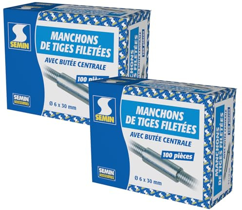 SEMIN Manchons pour Tige Filetée 6 x 30 mm – Raccord Métallique pour Assemblage de Tiges Filetées M6 – Pose Rapide – 2 X Boîte de 100 – Compatible Faux Plafonds & Ossatures