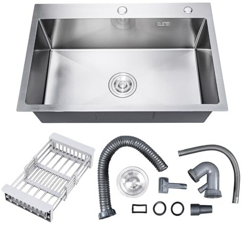 DuyviSteil 30 x 18 x 9 Topmount Kitchen Sink, 304 Stainless Steel Drop in Single Bowl Sink with Basket Strainer for RV, Travel Trailer, Garage(Nano)