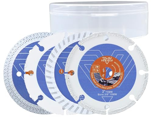 75mm Sägeblatt Set - 4 tlg. Fliesentrennscheibe/Betontrennscheibe/Holztrennscheibe/Metalltrennscheibe mit Bohrung 10mm für Fliesen, Beton, Mauerwerk, Holz, Kunststoff, Metall, Schneiden VENJELD