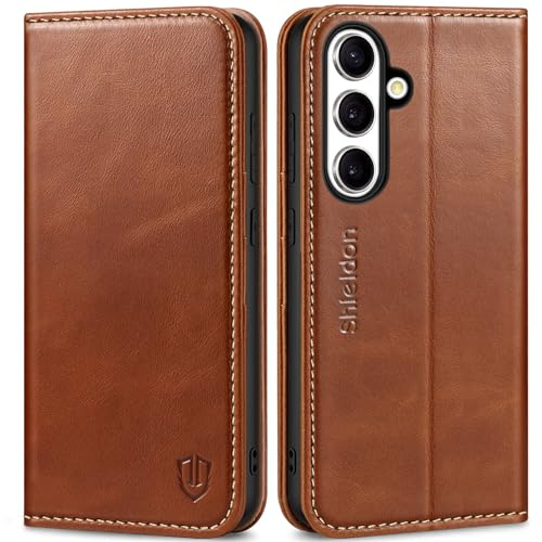 SHIELDON Hülle für Galaxy S24+ Plus 5G, Schutzhülle [Echtleder] [Kartenfach] [RFID Blocker] [Ständer] Stoßfest TPU Innenhülle Lederhülle Kompatibel mit Galaxy S24+ Plus 2024 6,7 - Retro Braun