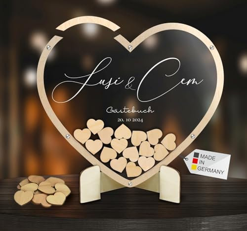 Gästebuch aus Holz und Acrylglas transparent zur Hochzeit, personalisiert, Wunschgravur, inkl. Herzen