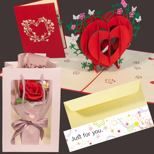 Pop-Up Karte Liebe, Valentinstaggeschenk mit Handgemachter Rose in der Tüte als Geschenk für Frauen, für sie, Glückwunschkarte mit Herz - Liebeskarte Hochzeitstag, für Jahrestag & Muttertag