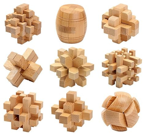 Holzsammlung 3D Denksport-Puzzle aus Holz, 9 Stück Klassisch Holzspielzeug Knobelspiel Geduldspiel Intelligenz Pädagigisches Gehirntraining Spielzeug Logikspiel für Kinder und Erwachsene#C