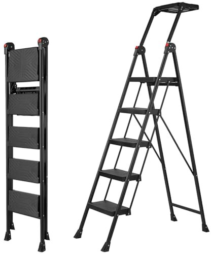 XinSunho Scala 5 Gradini Pieghevole, Massima 300 kg, Scaletta con Piattaforma per Attrezzi, Corrimano, Ampio Pedale Antiscivolo, Scaletto in Acciaio per Casa Giardino Pittura, Nero