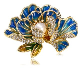 Lihozhi Blue Peony Flower Rhinestone Brooch Elegant Pearl Brooch Pin Crystal Diamond Flower Brooch Pin for Party Dance Wedding Banquet for Elegant Women Girl
