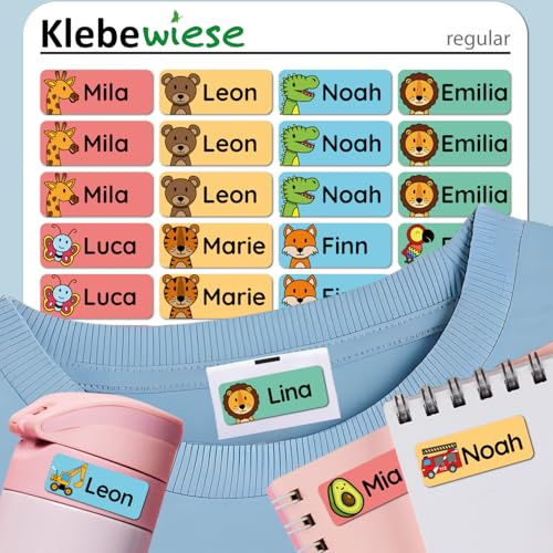 Klebewiese® - Namensaufkleber für Kinder (48 Stück) - Kleidung und Gegenstände - waschmaschinenfest und personalisiert (Farbe: Bunt)
