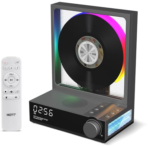 HOTT Lettore CD portatile con telecomando, Bluetooth 5.3, lettore CD desktop con luci RGB, lettore CD con altoparlanti HiFi, supporta scheda TF, trascrizione, schermo LED, timer (grigio)
