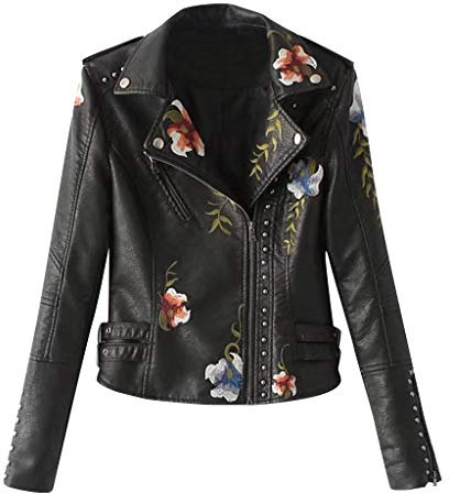 Lederjacke Damen Lange - Übergangsjacke Damen Kurzmantel - Lässiger Bestickter Sommerjacke Schwarz Elegant Outdoorjacke Nieten-Reißverschluss-Lederjacke Motorradjacke Mit Stickerei Outwear Coat