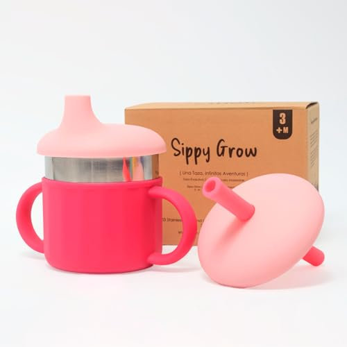 Sippy Grow de Lil·loh | Vaso bebé 3 en 1 con boquilla, pajita y taza abierta | Acero inoxidable con asas | Evolutivo | Sin BPA y no tóxico | 6 meses+ | Vaso aprendizaje evolutivo infantil