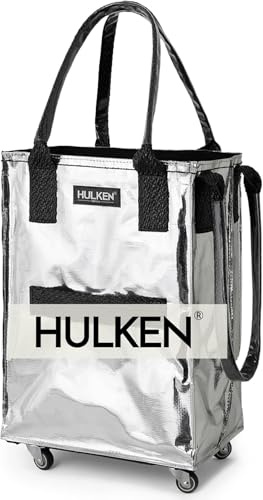 HULKEN (Small, Silver) Reusable Grocery Bag On Wheels, Shopping Trolley, Rolling Tote, Zipper Closure, Lightweight, Carries Up to 33 lb, Folds Flat