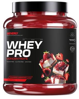 Beverly WHEY PRO 1 kg – Concentré de protéines de lactosérum Premium | 28 g de protéines par portion | 29 portions | Gain musculaire rapide et récupération (Gâteau au fromage fraise)