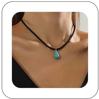 Yheakne Vintage Turquoise Suede Choker Necklace - Blue Turquoise Pendant - Black Leather Suede - Women's Minimalist Boho Jewelry