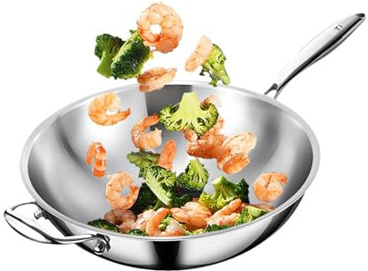 Padella antiaderente in titanio con coperchio, 36 cm, padella wok non rivestita per induzione e cottura a gas