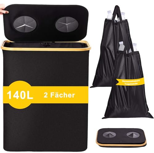 Mofomo 140l Pfandflaschen Sammelbehälter mit Deckel, 2 Fächer, Pfandflaschen Organizer mit Pfandflaschen Tasche, Flaschensammler leergut geeignet für Küche und Speisekammer, Schwarz