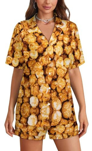 SMAZDFXX Ensemble de Pyjama Popcorn doré Caramel pour Femme, vêtements de Nuit Courts à col en V, vêtements d'intérieur