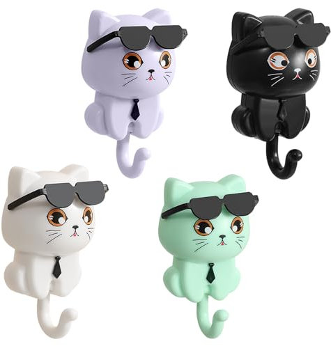 heavenlife Crochet à Clé Autocollant, 4 Pièces Porte Clef Mural, Crochet de Clé de Chat Mignon, Creative Adhesive Coat Hook pour Clés, Sacs, Chapeaux