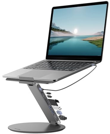 KU XIU Adjustable Laptop Stand with 8 in 1 USB C Hub, Foldable Portable Computer Notebook Stand with 360° Rotating Base, Riser Holder Mount for All 10-17 Laptops (Gray)