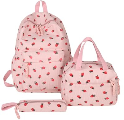 Makukke Kawaii Girls' School Backpack - Adorable Strawberry Corduroy 3-in-1 School Bookbag with Fleece Lunch Box & Pencil Case for Age 8-10