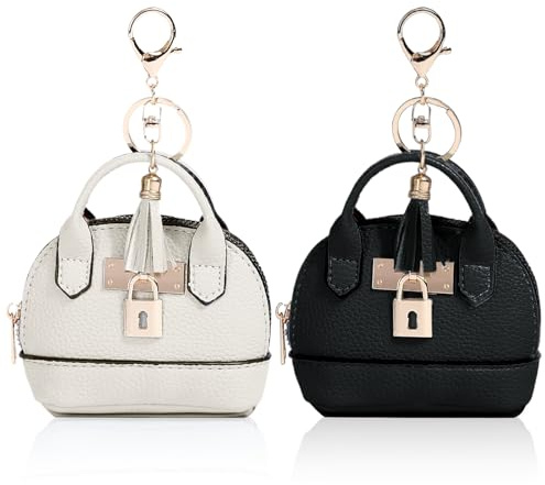 Lot de 2 mini porte-clés sac à cosmétiques pour femme en cuir PU Sac à dos Porte-clés clé de voiture Porte-monnaie Rouge à lèvres Porte-cartes Données Câble Organisateur Fermeture éclair, Blanc + noir