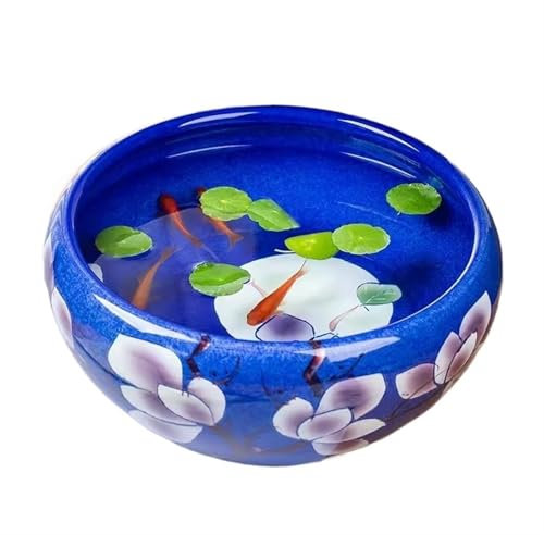 XXAD553TY Fischtank Keramik-Aquarium mit dunkelblauem Magnolienmuster, Glücksbringer-Dekoration for den Schreibtisch, Aquarium, Schildkröten-Futtertank, runder Keramik-Blumentopf Aquarium(24x24x12cm)