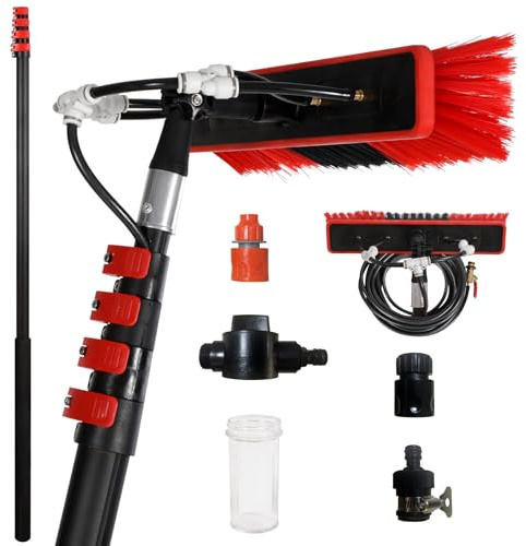 REDCAMP Telescopic Water-Powered Cleaning Brush Kit with Adjustable Angle, Soap Dispenser & Squeegee – 7M Cleaning Pole Reach for Windows, Solar Panels,Cars, Trucks, and Roofs