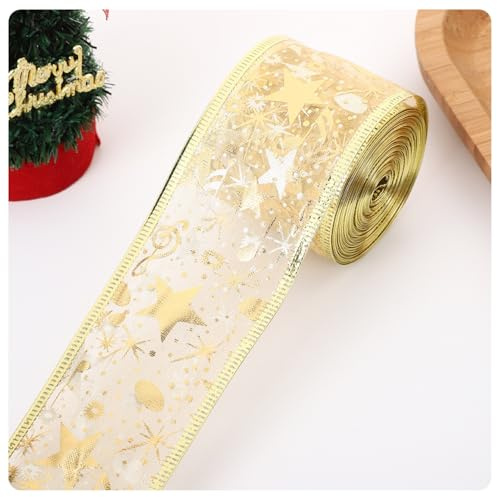 AMateschitz Weihnachtsband Draht 10m Schneeflocken Organzaband Glitzer Geschenkband mit Sternen Weihnachten Dekoband Weihnachten Schleifenband Weihnachtsbaum Band für Handwerk Gold 3.8cm