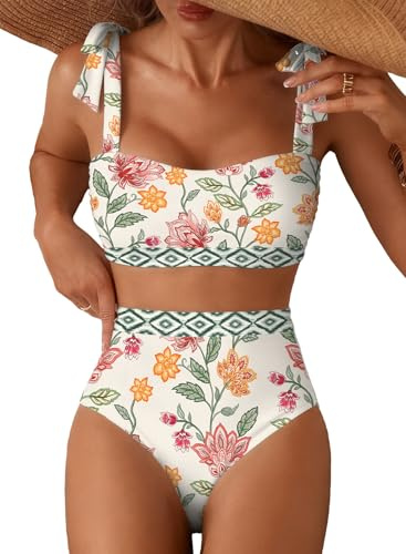 Herseas Women's Floral 2 Piece Bikini Sets High Waisted Adjustable Tie Shoulder Push Up Swim Suits 2026 Summer Vintage Floral Print Ladies Bathing Suit Casual Resort Outfits Medium