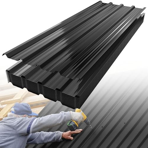HENGMEI Metal Trapezblech 12 x Dachplatten 7m² Trapezoidal Sheet Wellplatten Dach 129cm x 45cm Galvanised Sheet for Roof Building Garages, Greenhouses, Kennels, Schwarz