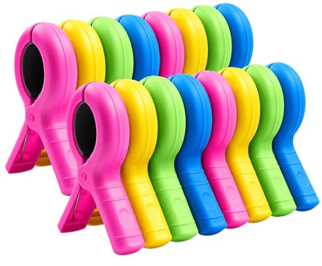 WENXINWIN 16 Pack Large Windproof Beach Towel Clips for Sun Loungers | 4 vibrant colors, windproof non-slip large beach towel clips. Secures towels on sunbeds, pool chairs & laundry lines.