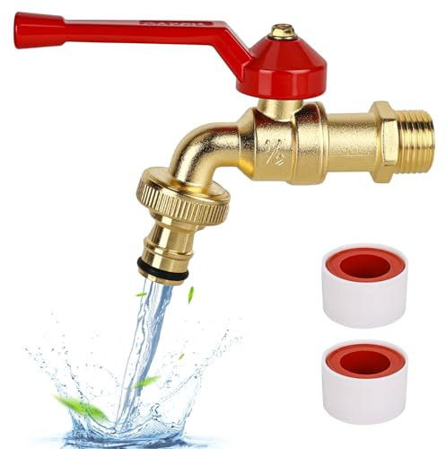 Grifo de jardín de 1/2 pulgadas de latón resistente a la corrosión y a las heladas, con 1 conexión de manguera gratis, 2 cintas de sellado de rodillos, grifo de cierre antigoteo, grifo exterior de