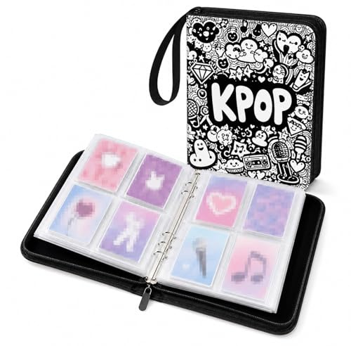 Kpop Photocard Binder – 50 Seiten mit 400 Fächern, 4-Pocket Card Binder, Kartenbinder aus PU-Leder, Fotokarten Album mit Reißverschluss und Tragegurt, Kpop Geschenk und K pop Merch für Fans