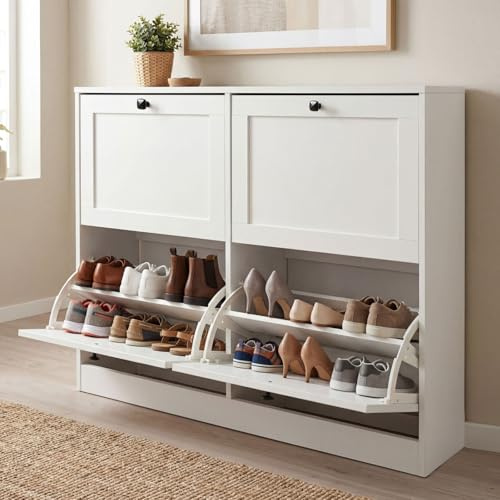 Levede Shoe Cabinet, Shoe Storage Cabinet with 4 Flip Drawers, Space Saving Narrow Shoe Rack Organizer with Adjustable Shelf & Anti-Tipping Device for Hallway Entryway, White
