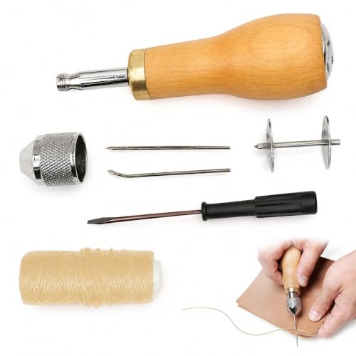 Handheld Sewing Awl Kit – Professional Speedy Stitcher Sewing Tool with Wooden Handle, Metal Needles & Waxed Thread, Heavy Duty Leather Sewing Repair Kit for Canvas, Tents, Shoes & Upholster