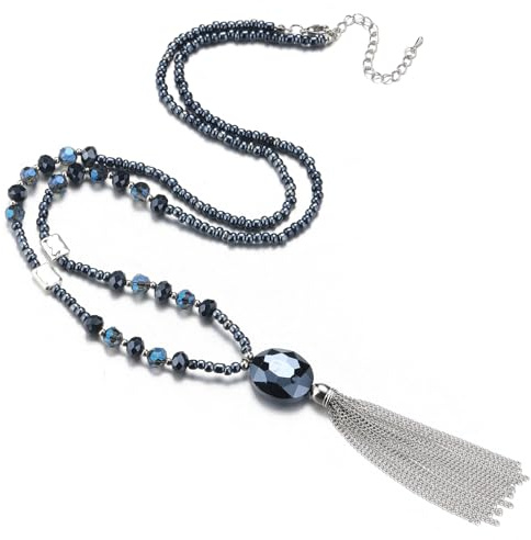 Bulinlin Lange Perlenkette Damen mit Quaste - Y-Kette Modeschmuck Lang Halskette mit Kristallperlen Anhänger Boho Elegantes Muttertagsgeschenk