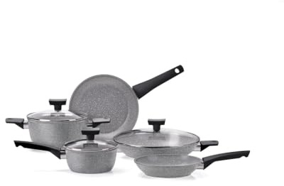 MONETA Batteria di Pentole Ossidiana Stone 8 Pezzi - Set Pentole e Padelle Antiaderenti per Induzione, Fondo Spazzolato, Senza PFOA e Nichel, Adatta a Tutti i Pani Cottura