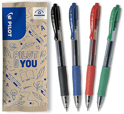 PILOT G2-7 Gelschreiber Set - 4 Stück - Farbe Schwarz, Blau, Rot, Grün - weiche Gelstifte 0,36mm Strichstärke, angenehme Schreibführung und kratzfreies, präzises Schriftbild, mit austauschbarer Mine